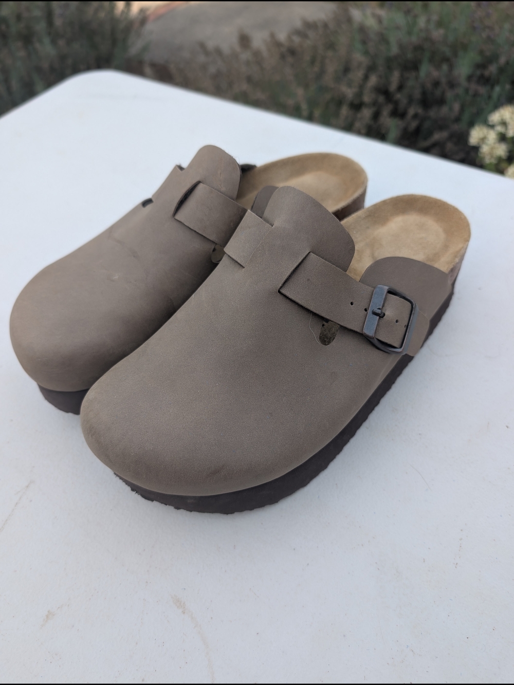 Women’s Taupe Nubuck Slip-On Clog with Buckle